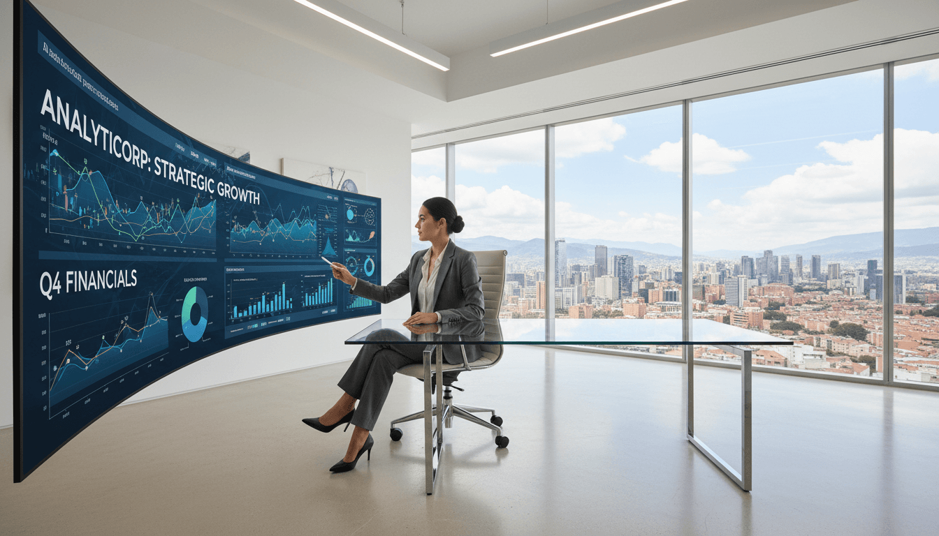 Executive analyzing financial data on digital graphs in modern Bogotá office