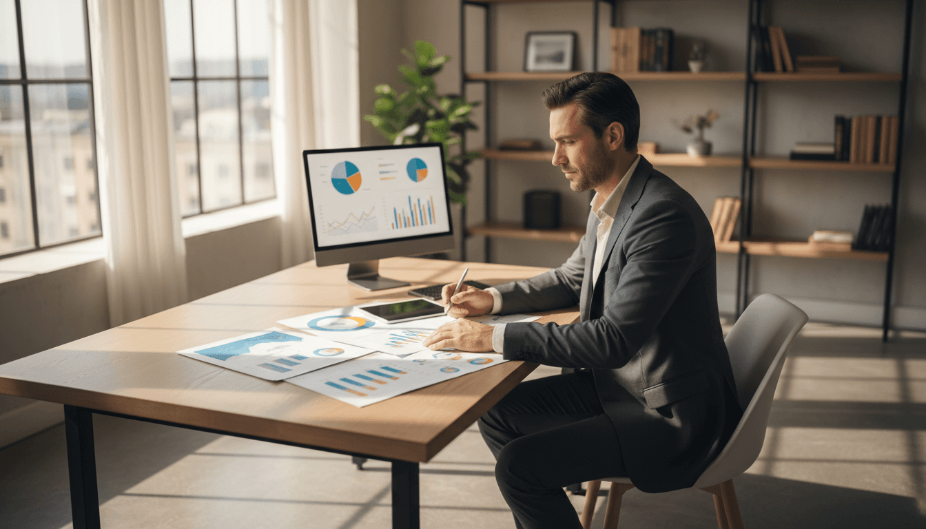 Profesional revisando gráficos y documentos financieros en una oficina moderna en Bogotá